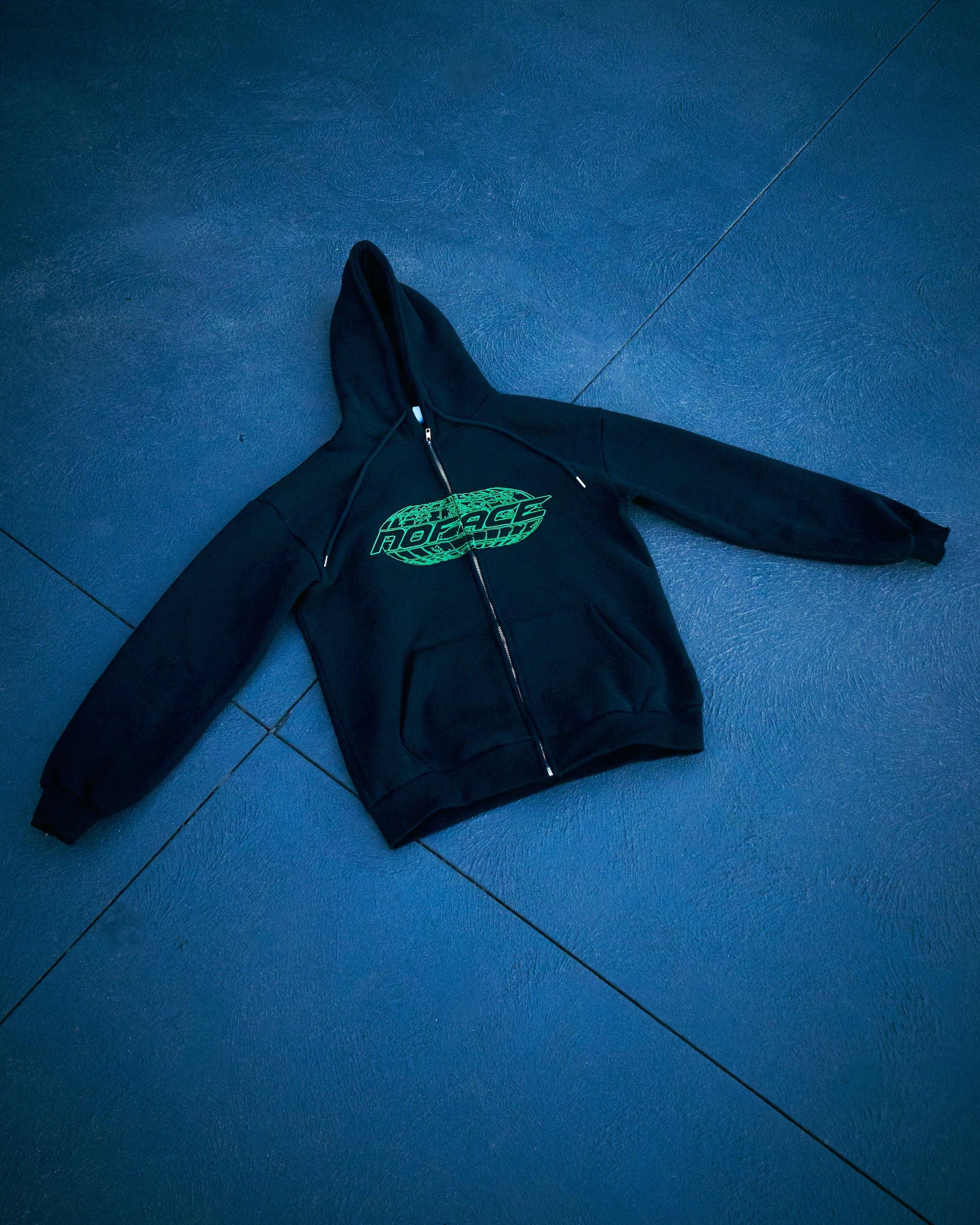 NO FACE ZIP HOODIE (BLACK + GREEN) - NO FACE