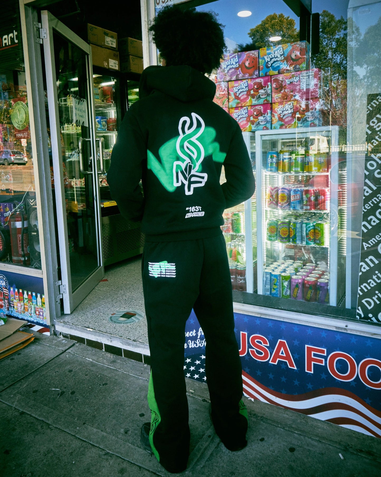 NO FACE FLAIR PANTS (BLACK + GREEN) - NO FACE