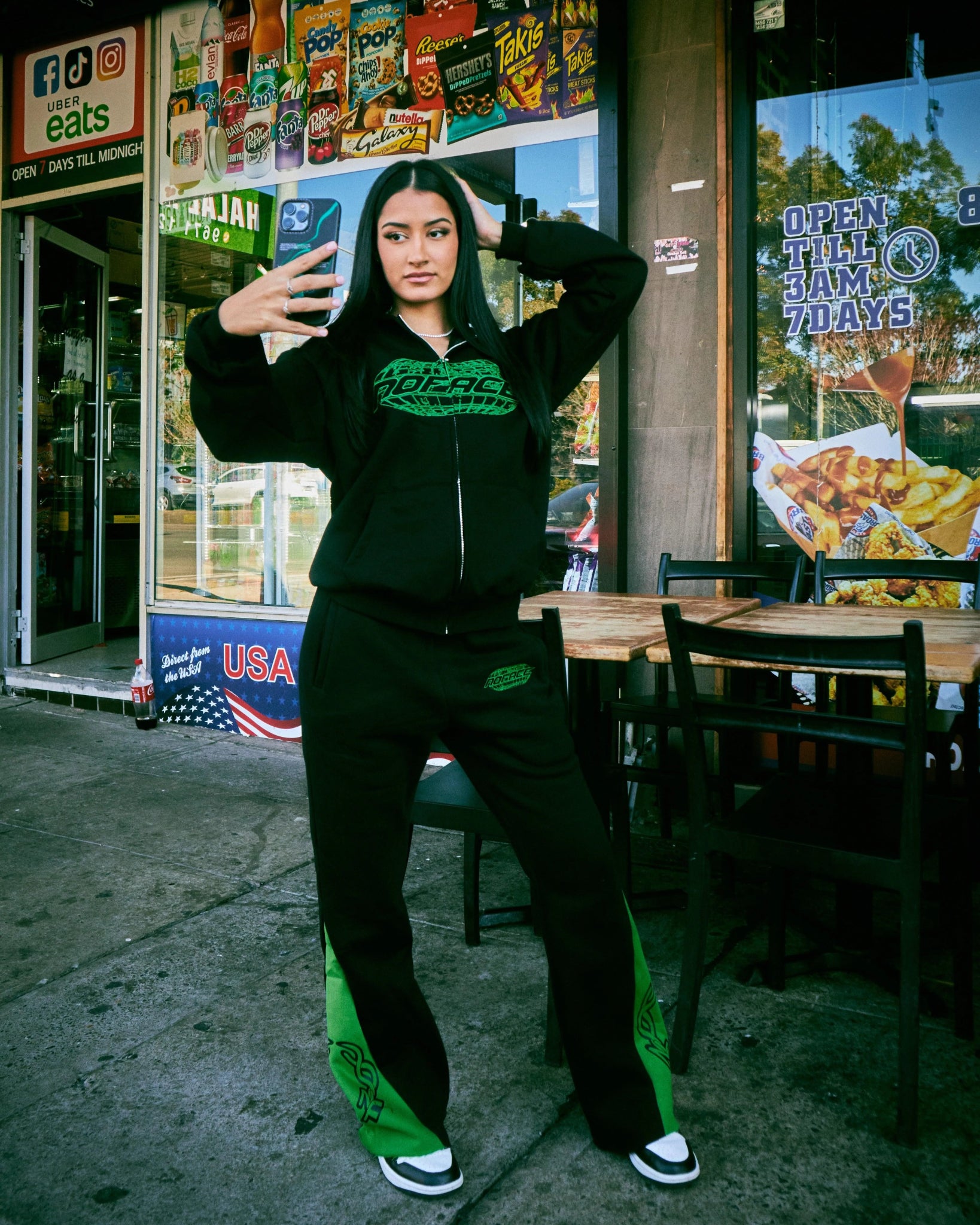 NO FACE ZIP HOODIE (BLACK + GREEN) - NO FACE