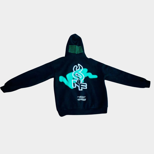 NO FACE ZIP HOODIE (BLACK + GREEN) - NO FACE